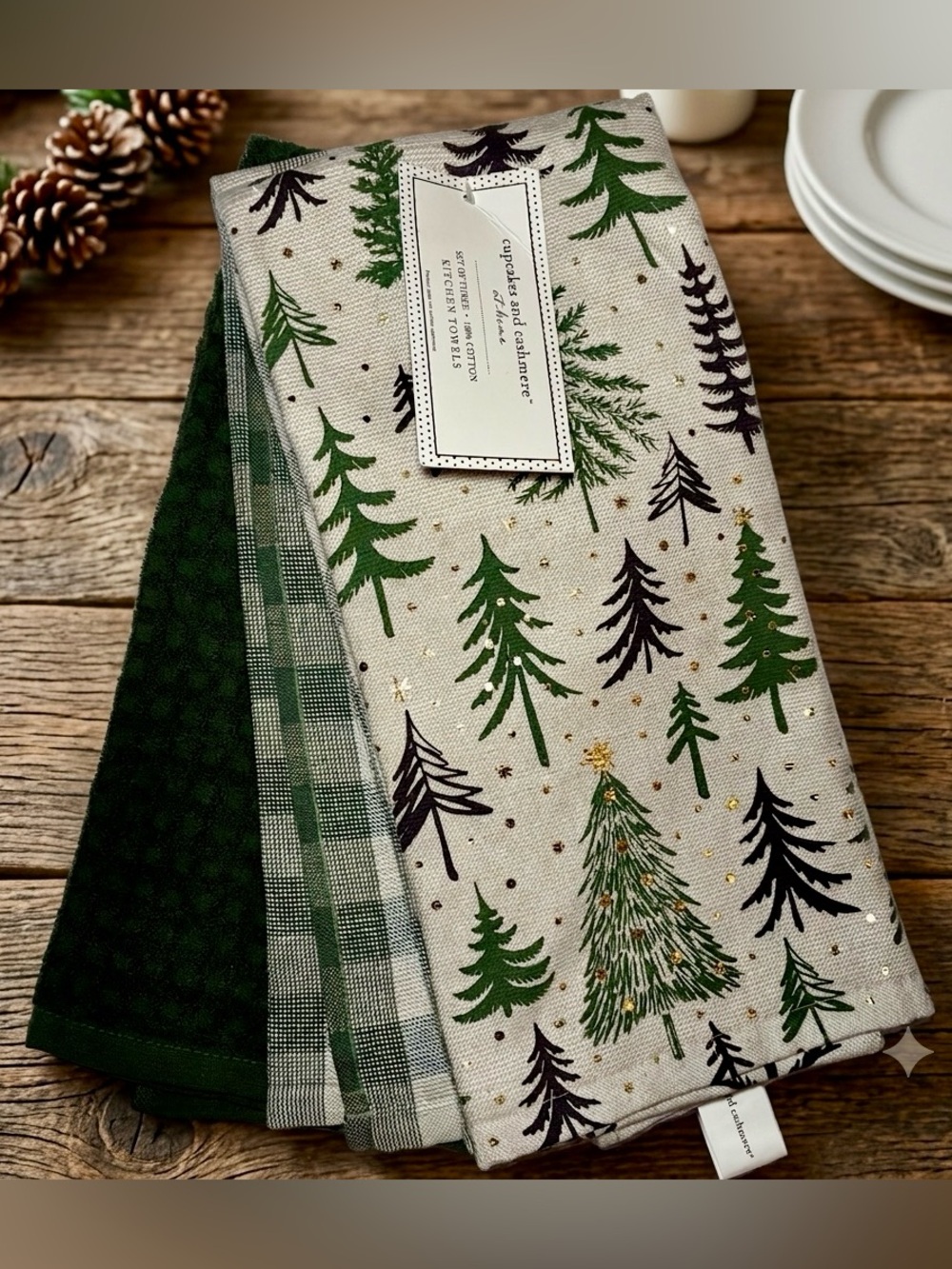 NWT Cupcakes and Cashmere Winter Pine Tree Kitchen Towels Set of 3 Green & Plaid